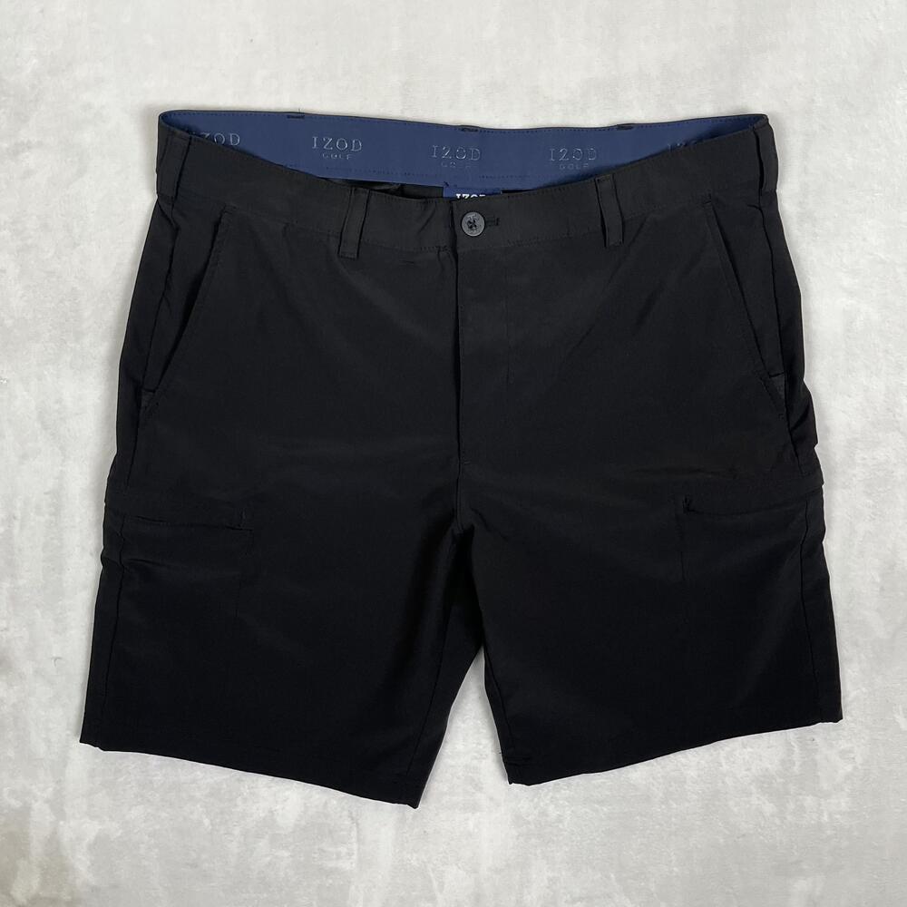 IZOD Golf Shorts Mens 36 Black 9 Inseam Stretch Cargo Zip Pockets Athletic